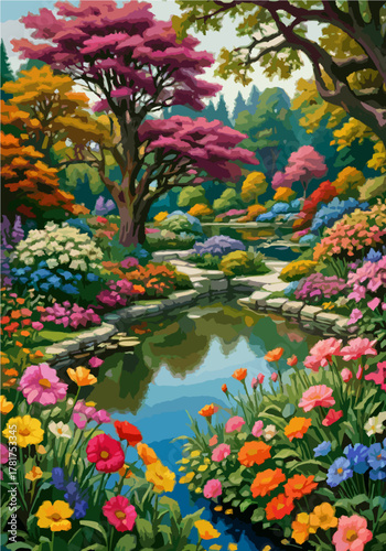 Garden filled with pink blooming trees