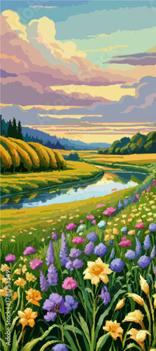 Scenic field blooming beside blue river