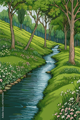 Stream flowing through lush green meadow