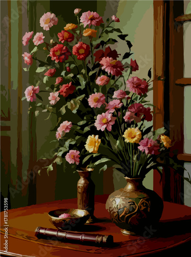 Table vase with blooming pink roses