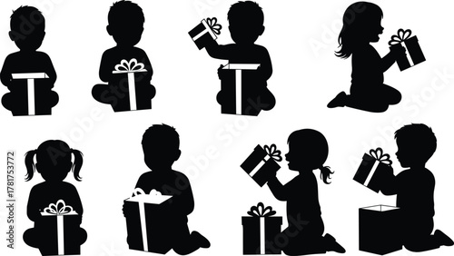 Children Silhouettes Opening Gift Boxes Vector Set Kids Boys Girls Sitting Holding Unwrapping Presents Collection Isolated Black Graphic Icon Design Elements Birthday Celebration.