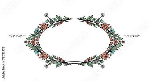 Floral oval frame with delicate leaves and small blossoms. .