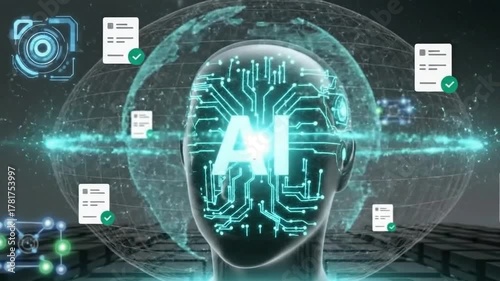 Artificial intelligence brain processes global data and documents.