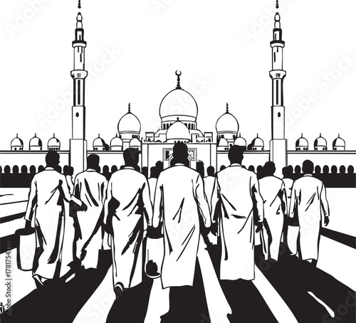 Group of Muslims walking towards a mosque in a line isolated on transparent background