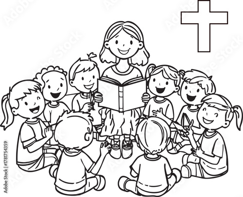 Happy teacher reading book to children in circle with cross isolated on transparent background