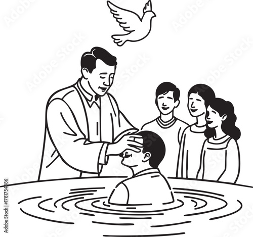 Religious baptism ceremony with a minister and children isolated on transparent background