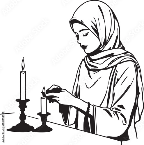 Young woman in hijab lighting a candle in a candlestick isolated on transparent background