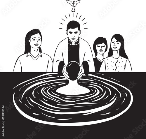 Priest baptizing a person in water with family watching isolated on transparent background