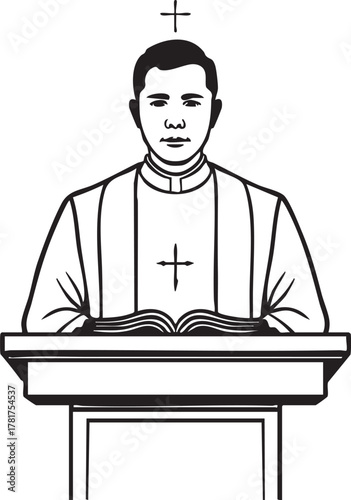 Cleric standing behind a podium delivering a sermon or reading isolated on transparent background