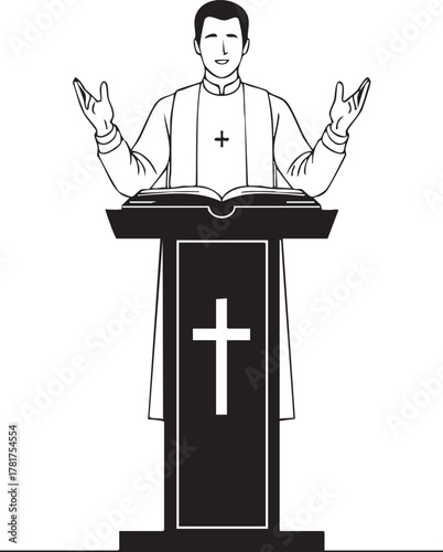 Cleric with open arms standing behind a pulpit with a bible and cross isolated on transparent background