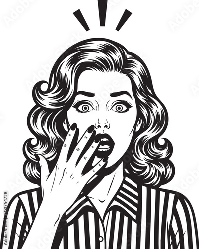 Black and white pop art illustration of a shocked woman with wavy hair covering her mouth in surprise.
