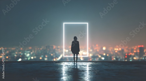 Contemplative woman silhouetted before glowing portal overlooking vibrant cityscape, future possibilities concept