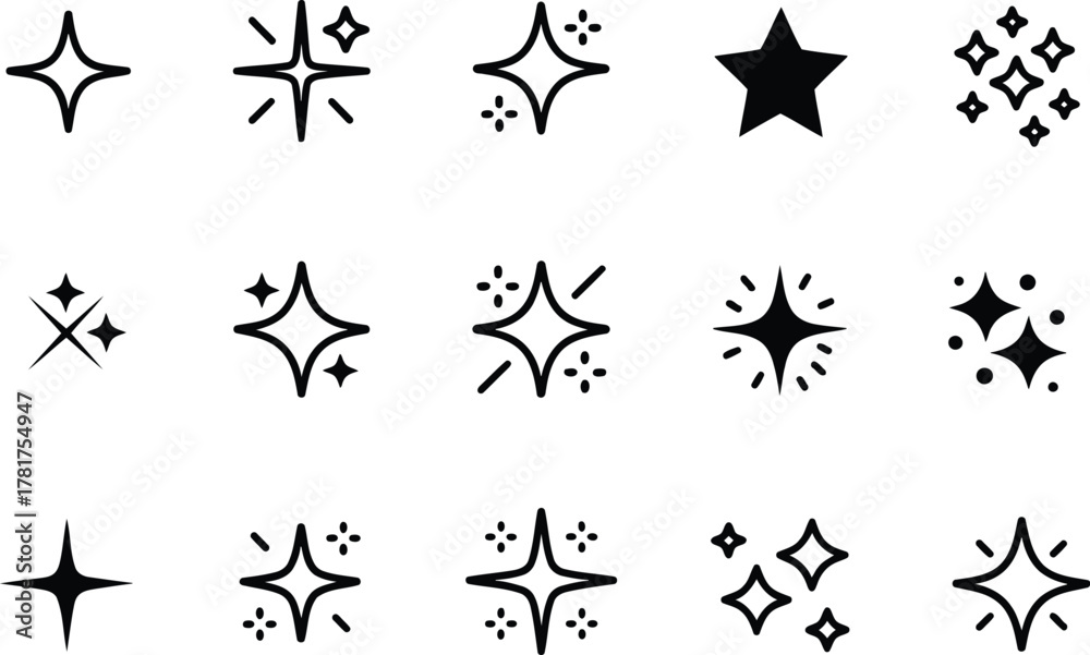 Fototapeta premium Collection of Fifteen Unique Black Sparkle Star Icons on White Background Illustration