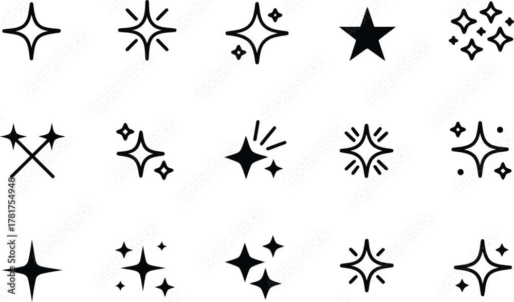 Fototapeta premium Collection of Black Sparkling Star and Twinkle Icons on a White Background Illustration