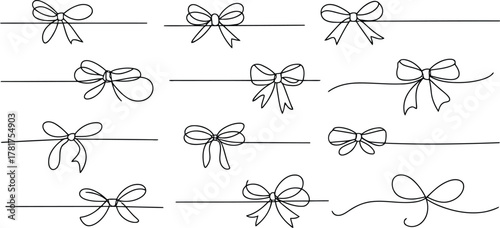 Black Outline Bow Collection on Horizontal Lines Isolated on a Clean White Surface