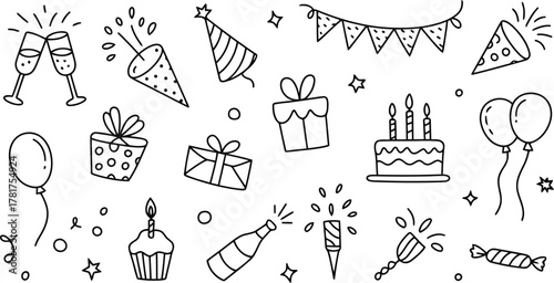 Celebration Doodle Art HandDrawn Birthday Party Elements, Gifts, Cake, Balloons, Champagne and More