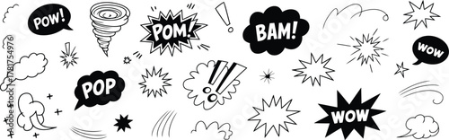 Comic Speech Bubbles, Clouds, Tornado, and Starbursts Black and White Illustration