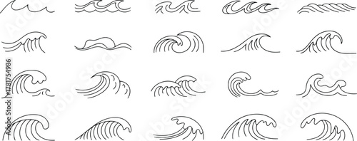 Diverse Collection of TwentyFour HandDrawn Wave Illustrations, Simple Black Line Art