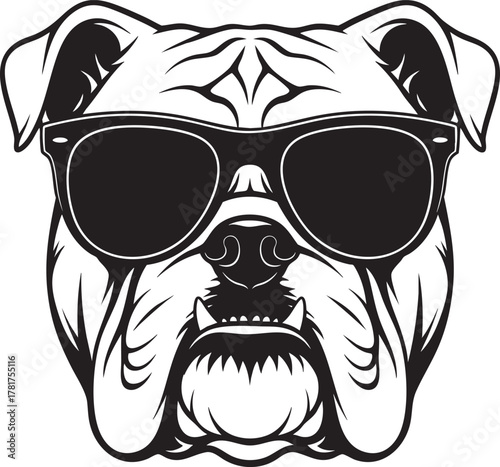 Cool English Bulldog head wearing dark sunglasses in a bold black and white vector style.
