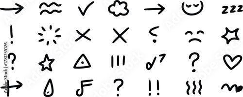 Hand Drawn Doodle Elements Arrows Checkmarks Emoticons and Symbols Isolated on White Background Illustration