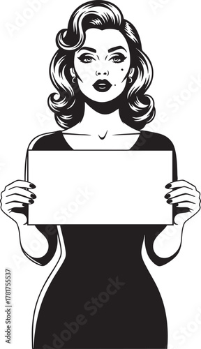 Elegant retro woman in a black dress with a beauty mark holding a blank white sign.