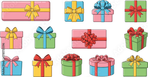 Large Collection of Colorful Cartoon Gift Boxes with Ribbons

Vector Set of Presents in Various Shapes and Pastel Colors

Birthday, Holiday, and Anniversary Wrapped Gift Box Clipart