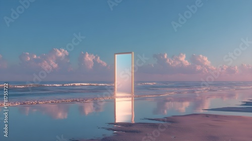 Surreal beach doorway to sky, dreamy escape, portal concept, peaceful ocean view, tranquil atmosphere