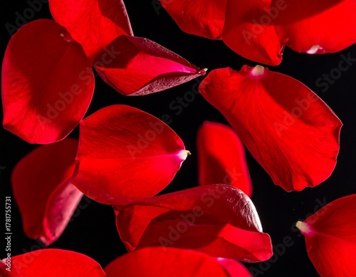 Close-up Photography of Vivid Red Flower Petals Floating as if Paused in Mid-Air on a Black Background