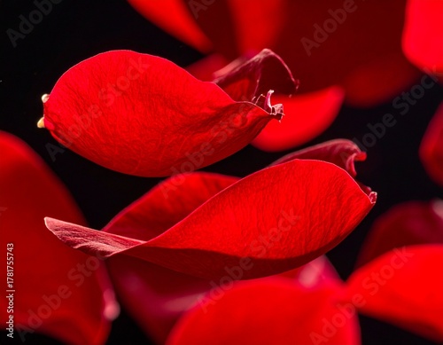 Close-up Photography of Vivid Red Flower Petals Floating as if Paused in Mid-Air on a Black Background