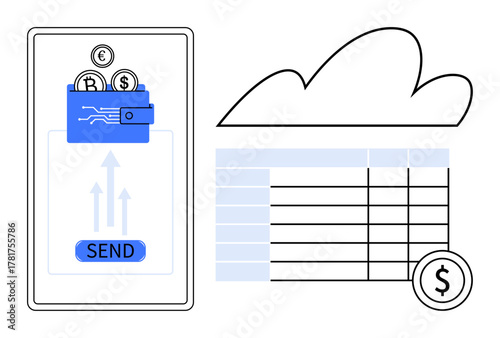 Digital wallet sending currency on mobile, cloud for data storage, financial table highlighted for accounting. Ideal for online payment, banking, transactions, cloud computing, accounting, fintech