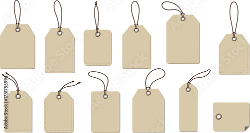 Collection of twelve vintage blank cardboard paper tags, isolated with brown string, grommets, and various rounded shapes, perfect for retail sale price labeling, gift wrapping, and custom produc