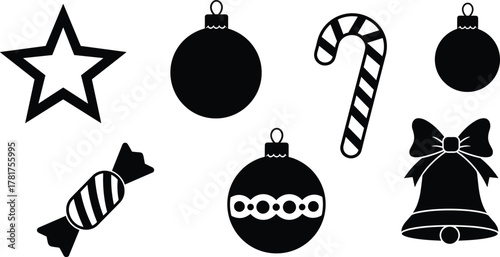 Collection of Christmas holiday black silhouette icons, featuring star, ornaments, candy cane, wrapped candy, and festive bell, perfect for winter season web graphics, greeting card design, a