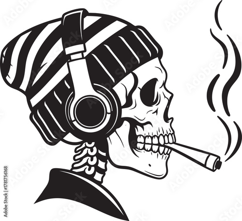 Graphic skull in profile wearing a striped beanie and headphones while smoking a cigarette.