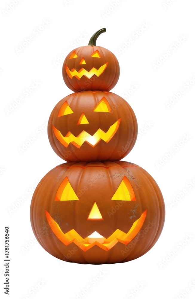 Fototapeta premium Stack of carved halloween pumpkins transparent background cutout png