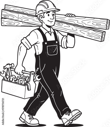 Illustrated handyman in a hard hat and overalls walking with lumber and a toolbox.