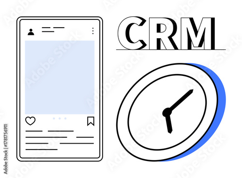 Mobile interface, CRM typography, and clock symbolizing customer relationship management, social media tools, and time efficiency. Ideal for productivity, marketing, technology, organization