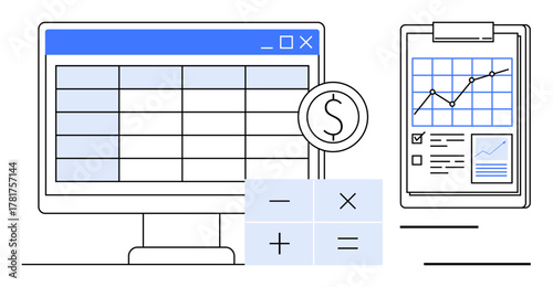 Computer screen displaying spreadsheet, calculator window, and financial chart on clipboard. Ideal for finance, analysis, accounting, data management, reporting budgeting strategic planning. Simple