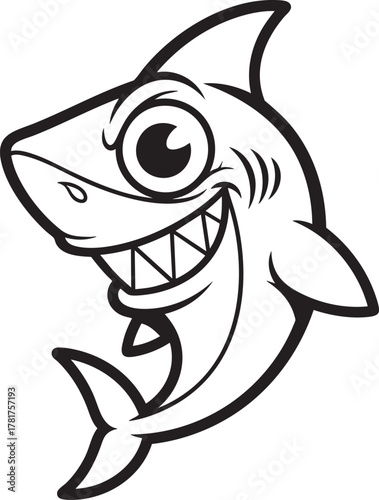 Mischievous cartoon shark mascot with a wide toothy grin and big expressive eyes.