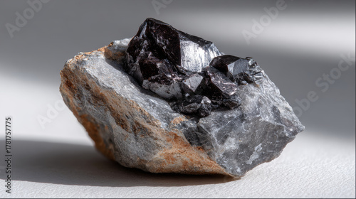 Rare earth mineral specimen glistens against light gray backdrop, appearing precious and intriguing with its multifaceted dark surface