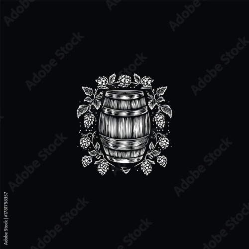 Vintage woodcut illustration of a beer barrel surrounded by hop cones and leaves