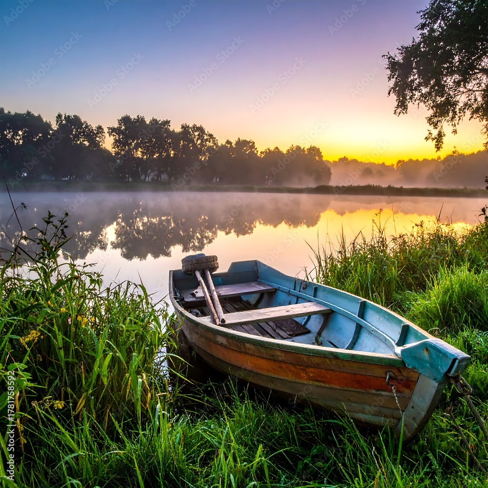Fototapeta premium A tranquil boat rests by a misty lake at dawn, with vibrant colors