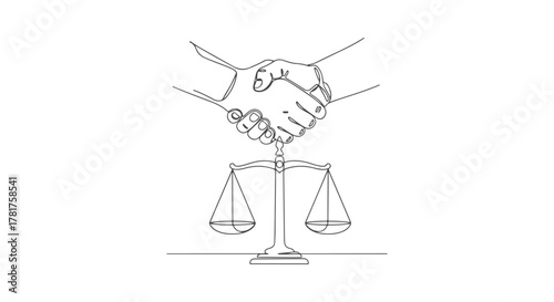 Single continuous line art handshake above balanced scales of justice a