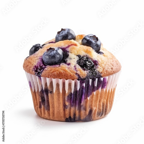 Fresh blueberry muffin baked in a paper cup isolated on white background for breakfast or snack