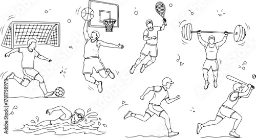 Hand-drawn doodle set of diverse athletes participating in various sports activities Vector