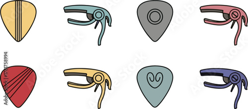 Collection of diverse colorful guitar picks and capos vector illustration set Vector
