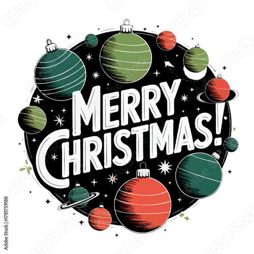 Whimsical merry christmas greeting with festive ornaments and stars forming a circular design isolated on white background