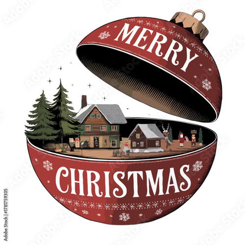 Festive vintage red christmas ornament opens to reveal a charming winter village scene with snow covered houses and pine trees isolated on white background