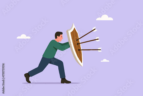 protection from threats, protects from Cyber ​​Threats to Businesses growth, protective shield company data security from cyber attacks, businessman uses a protective shield to ward off arrow attacks