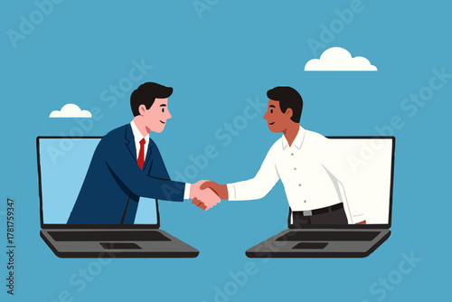 business to business illustration with the concept of two business people shaking hands to agreement, B2B marketing concept, business collaboration