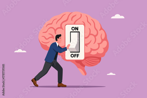 Turning off brain to relieve stress or problems, relaxation to relieve anxiety from your brain, Reduce stress concept, stress management, businessman turning off the switch in the human brain concept